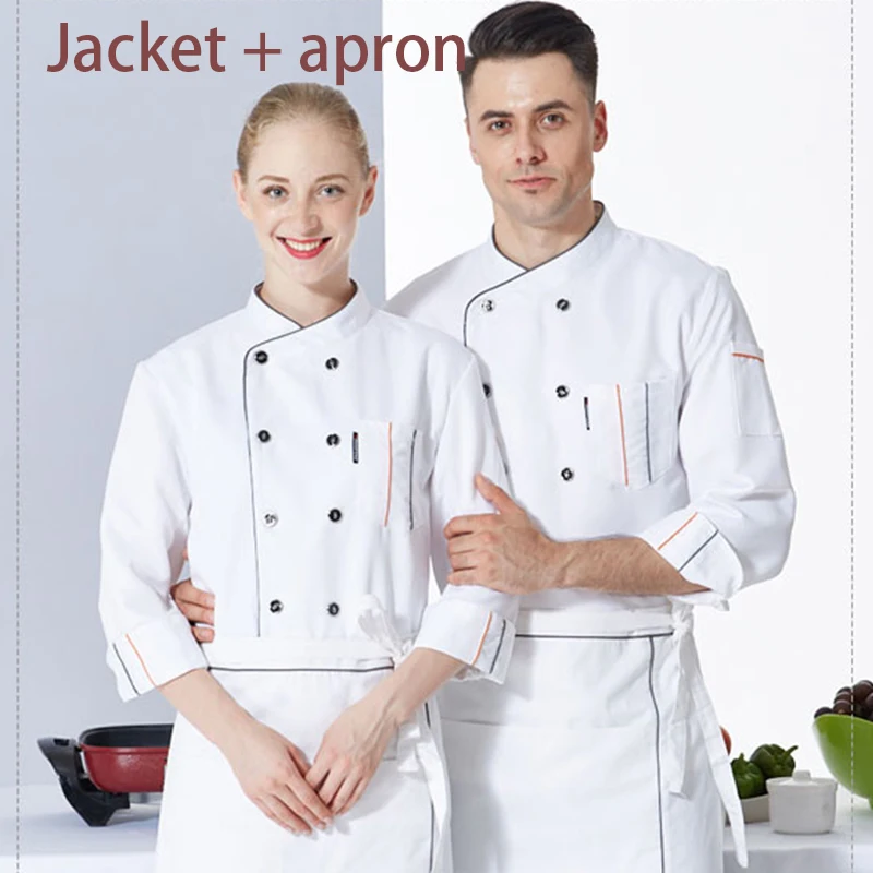 Men's Kitchen Jacket and Cooking Apron Hotel Women Waiter Catering Uniform Long Sleeve Bakery Bar Cafe Clothes Chef Coat