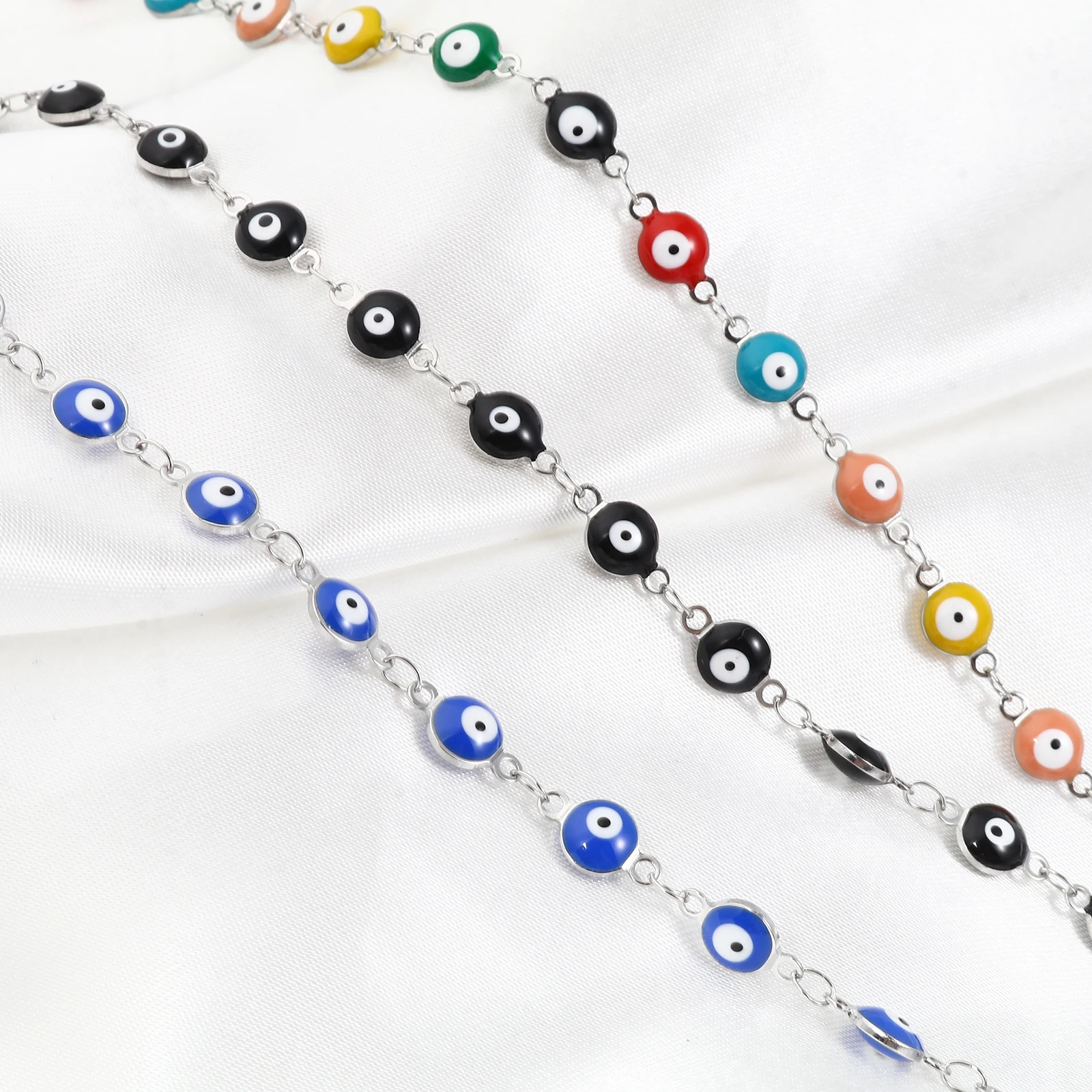 50cm Vintage Evil Eye Necklace For Women Jewelry Multicolor Dvil Eye Enamel Stainless Steel Silver Color Bulk Chain Necklace