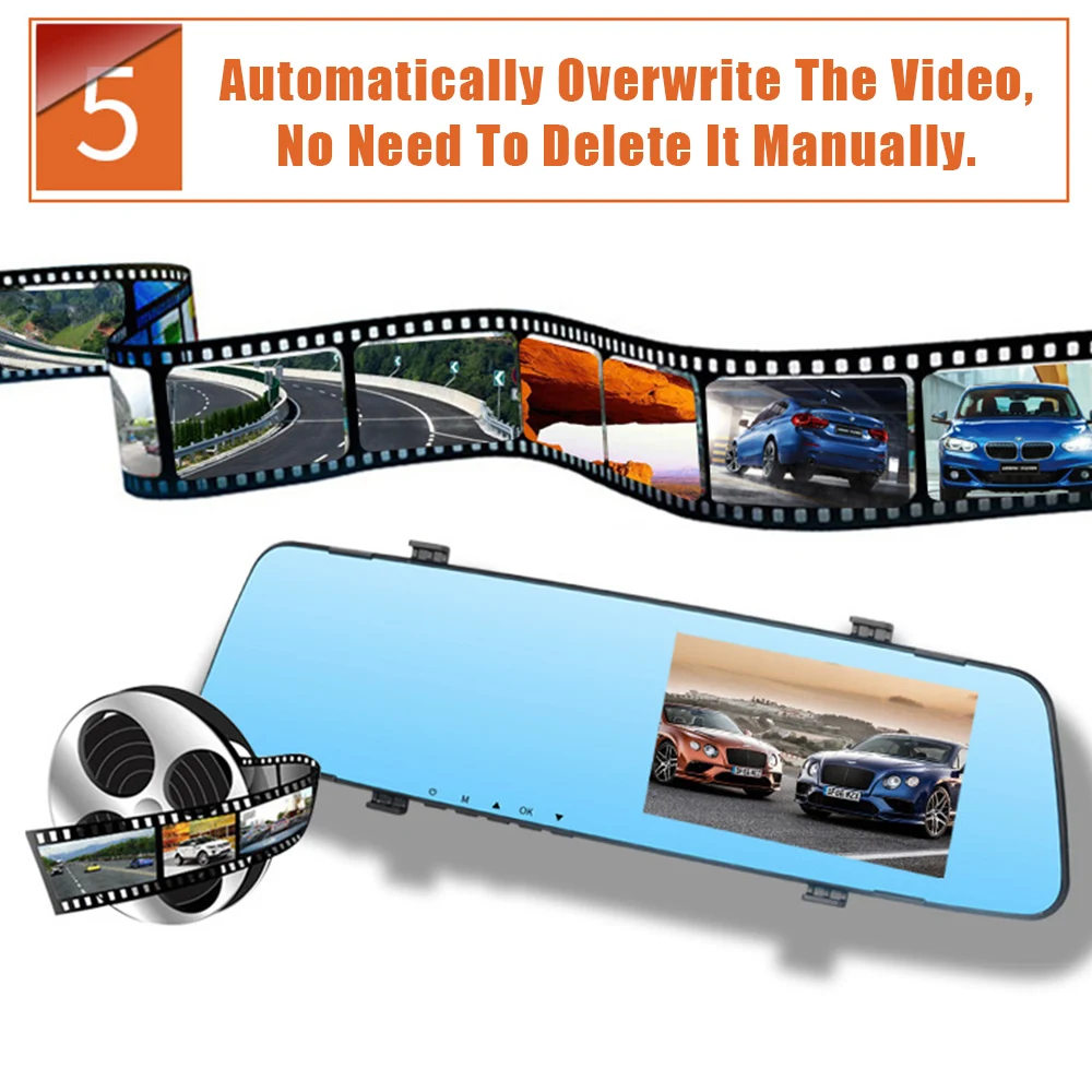 مرآة داشكام كامل HD دورة تسجيل الرؤية الخلفية عدسة مزدوجة 4.3 بوصة جهاز تسجيل فيديو رقمي للسيارات داش كاميرا اكسسوارات السيارات