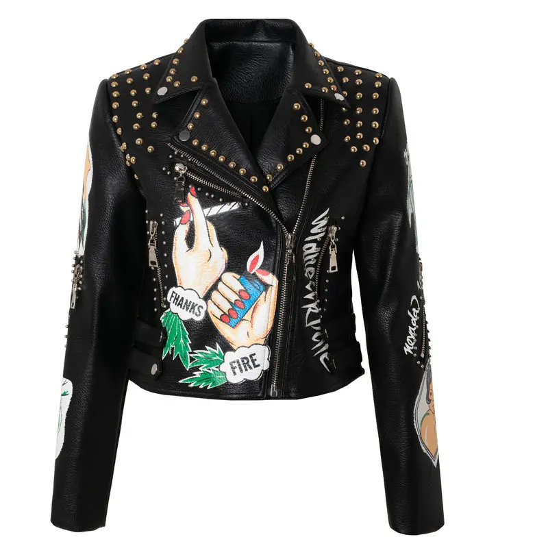 Spring Autumn New Locomotive Printing Hit Color Rivet PU Leather Jacket Female Punk Style Motorcyle Jackets Coat Y1101