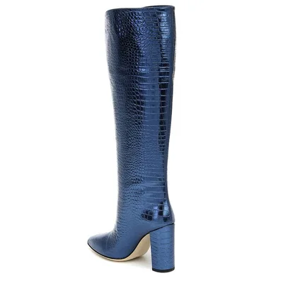 2022 Autumn Crocodile Leather Women Knee High Boots Pointed Toe Botas Women Long Chunky Block High Heel Boots Size 45 46 47