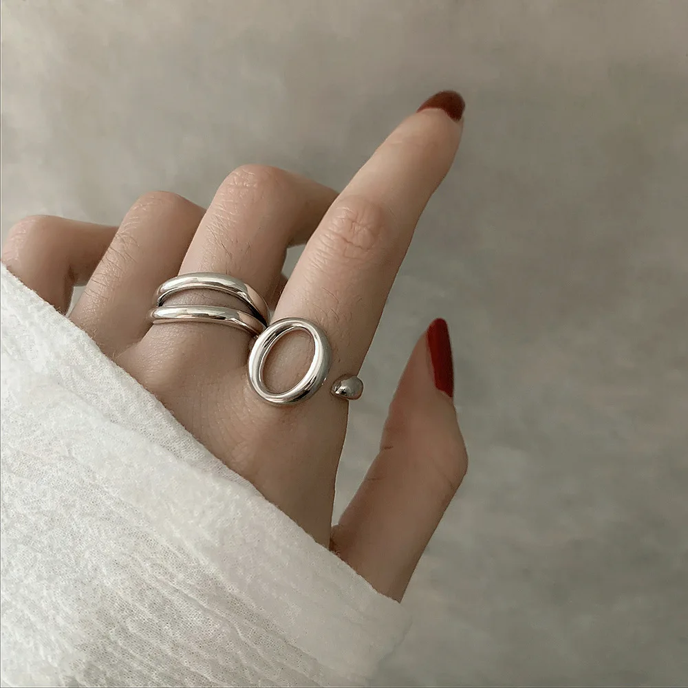 QMCOCO Silver Color Simple Double Deck Hollow Out Rings Punk Open Adjustable Handmade Ring For Woman Trendy  Fashion Jewelry