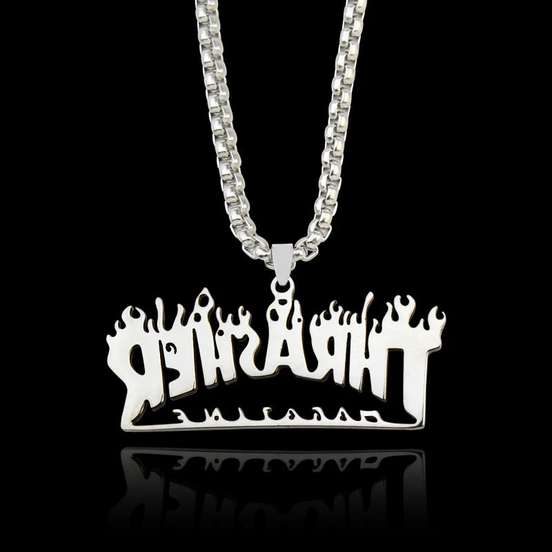 All Stainless Flame Fire Cool Street Hip-Hop Rock Necklace Magazine Thrasher Letter Fashion Women Men Girl Boy Jewelry