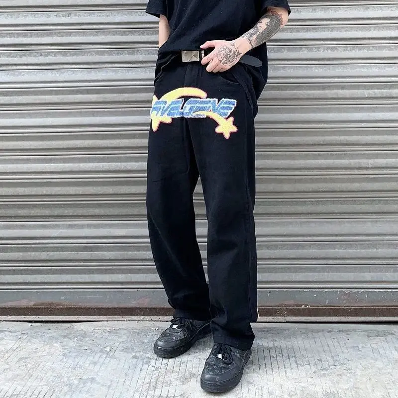 New Letter Embroidery Jeans Men's and Women's Hip Hop High Street Loose Wide Leg Pants Versatile Korean Straight Baggy Pants