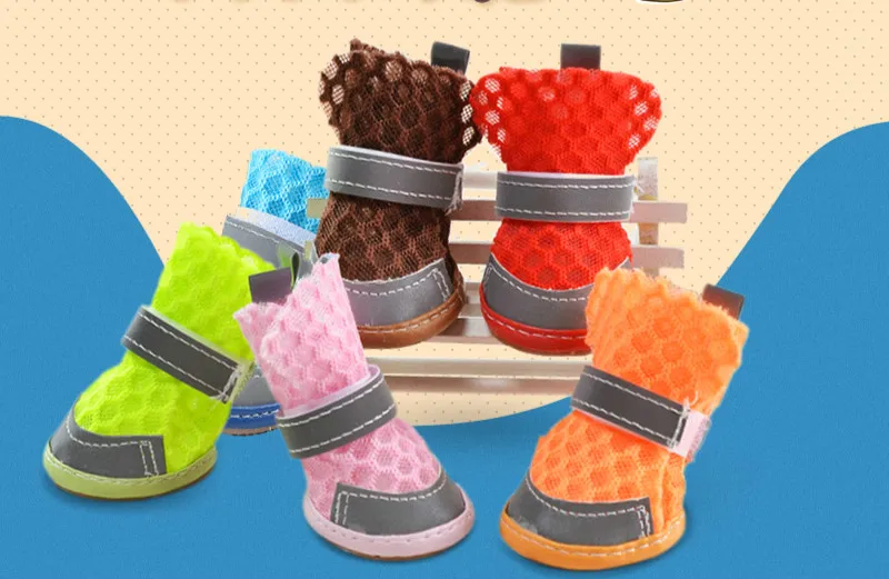 4 Pcs/lot Dog Shoes for Pet Teddy Soft Breathable Net Shoes Pet Boots Paw Protector Reflective Straps Anti-slip Puppy Shoes