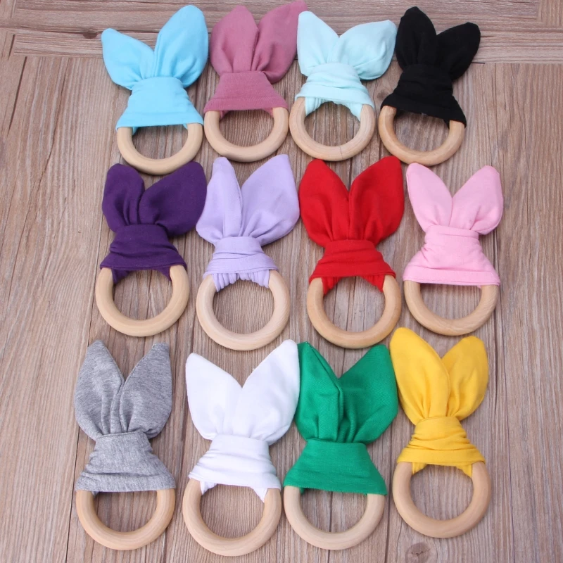 Bunny Ear Teether Fabric Wooden Teething Ring With Crinkle Material Shower Gift