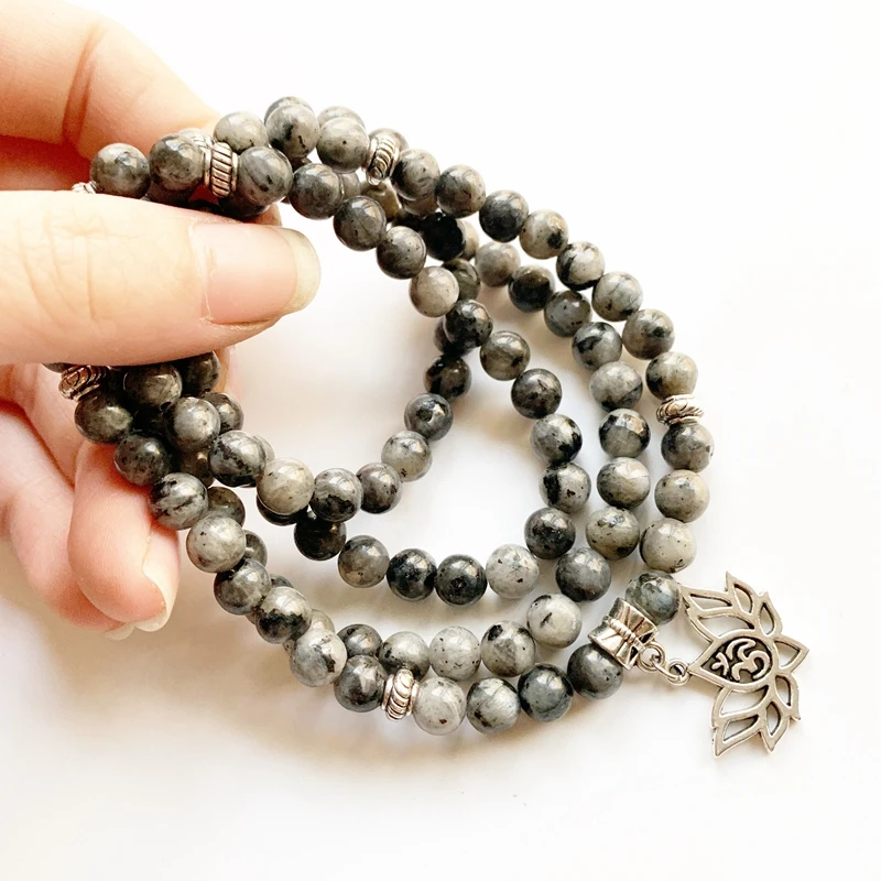 6mm Black Labradorite Stone Mala Necklace 108 Natural Buddha Prayer Beads Necklace Knotted Spiritual Charms Bracelet 1pc