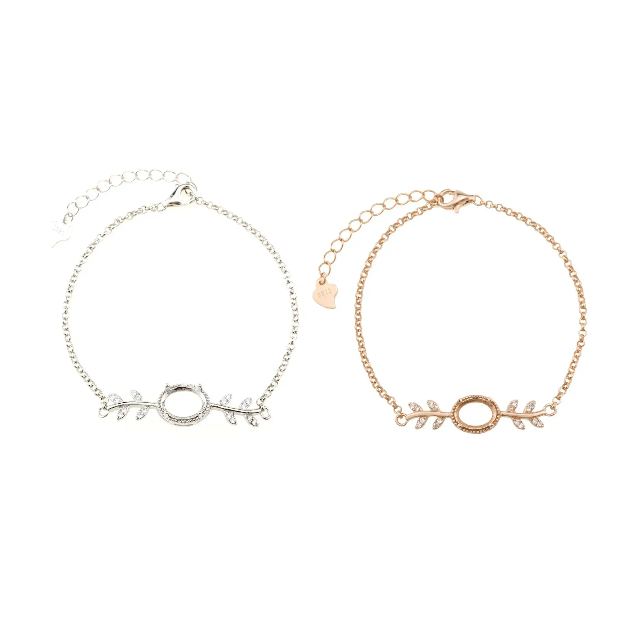 1Pcs Oval Prong Bezel Bracelet Settings Tree Branch Rose Gold Plated Solid 925 Sterling Silver Tray for Gemstone  1900243