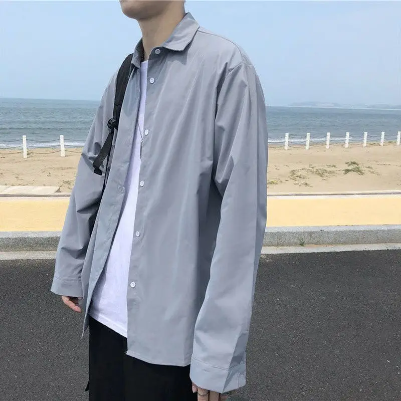 

2022 spring autumn solid color shirt for men women Hong Kong style long-sleeved Korean trend handsome loose casual lovers blouse