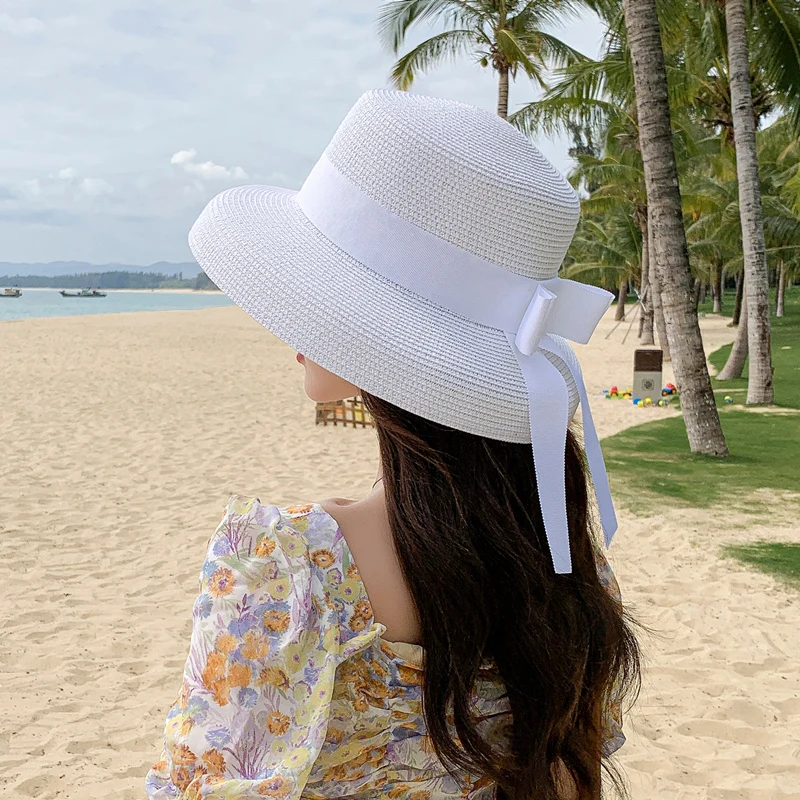 Retro Round Top Straw Hat Ladies Sun Hats Travel Holiday Visor Hats Vintage Women Beach Hat Black And White Wholesale ceremony