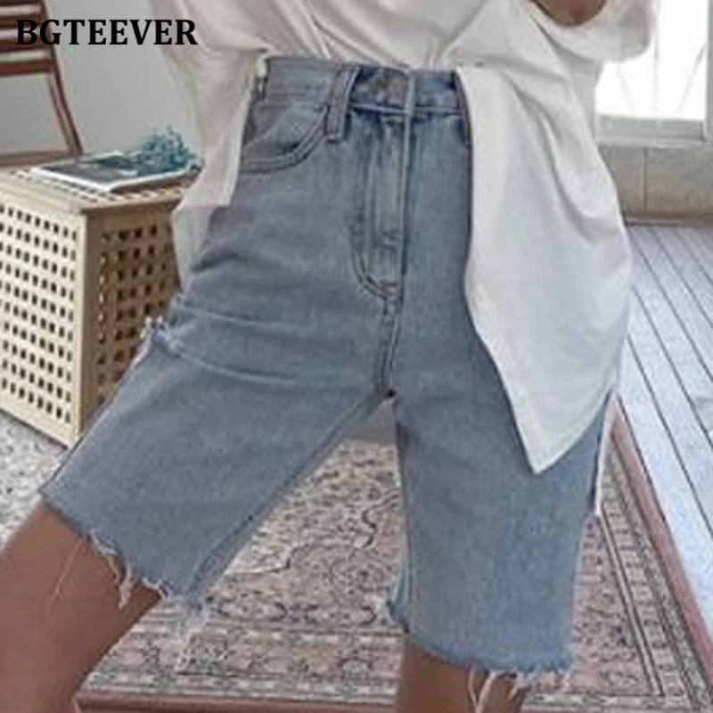 BGTEEVER Sommer Casual Hot Shorts für Frauen Hohe Taille Riped Taste Up Weibliche Denim Shorts Jeans Femme 2021 Streetwear