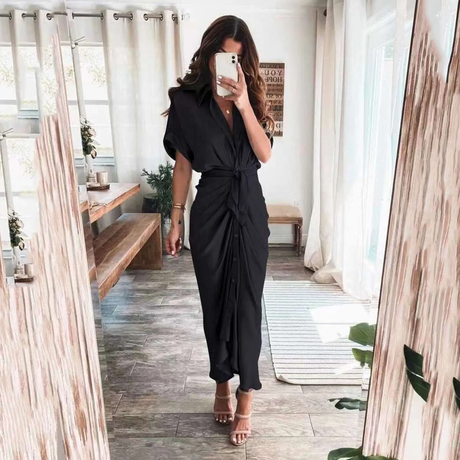 Womens Silk V Neck Elegant Long Dress Short Sleeve Satin Dresses For Women 2021 Summer Party Wrinkle Summer Office Maxi Dress