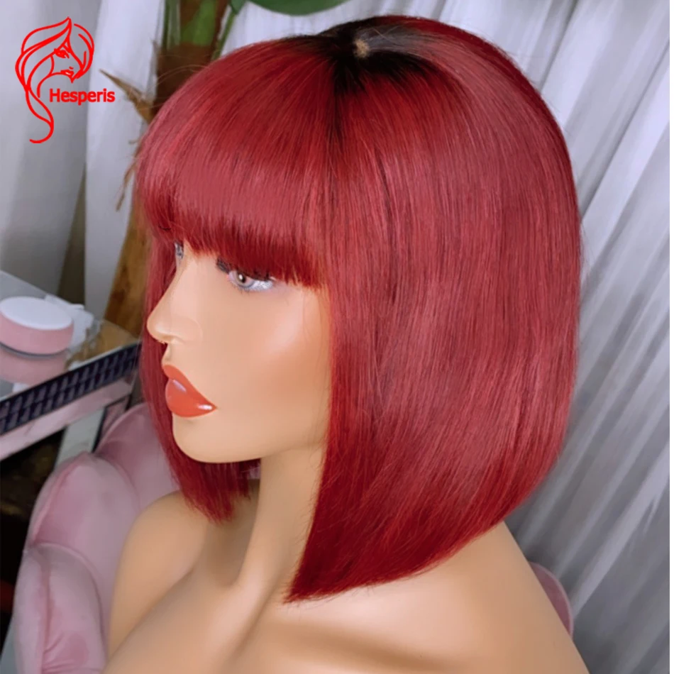 Hesperis Ombre Red Bob Cut Wigs With Bangs Scalp Top Full Machine Made Wear And Go Wig Short Bob Red Wig For Black Women image 4