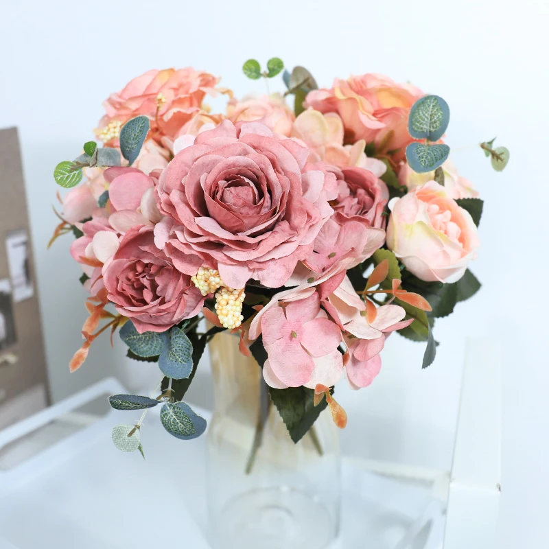 Artificial Flowers Retro Silk Rose Bouquet Hydrangea Peony Vintage Bride Holding Fake Flower Home Wedding Decoration Accessories