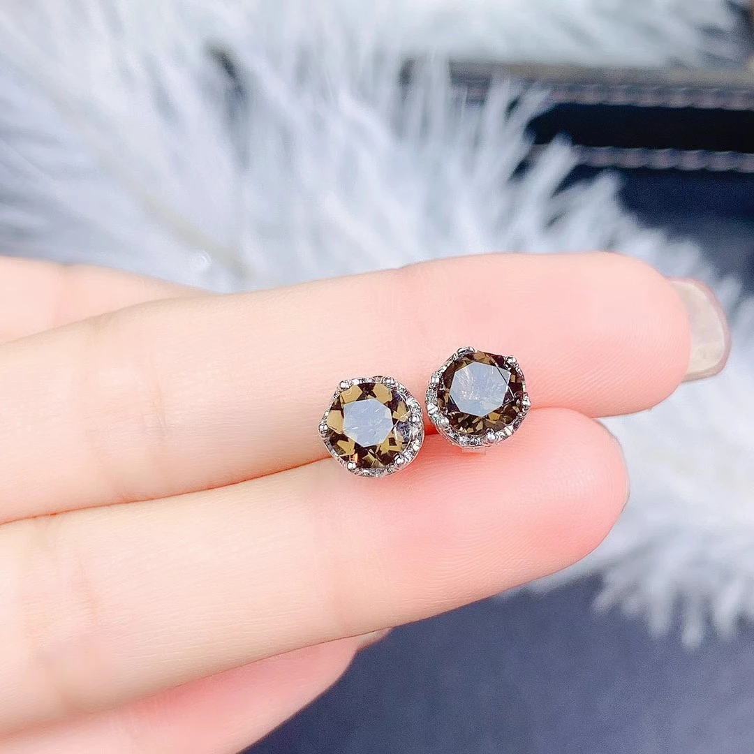 

Newest tea-coloured citrine stud earrings for women real 925 sterling silver earrings natural round gem birthday gift