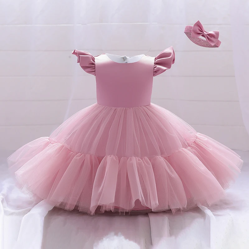 Send Ribbo Baby Girls Birthday Dress For 0 1 2 Year Newborn Baptism Pink Clothes Toddler Kid Elegant Christening Party Tutu Gown