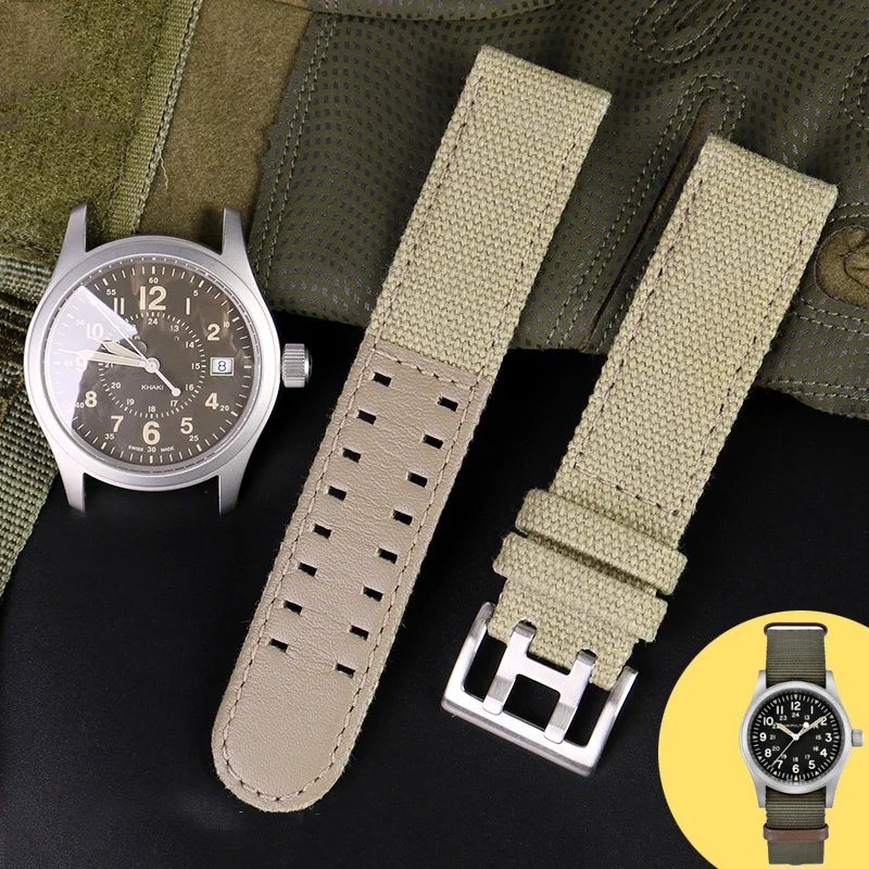 Canvas Lea-ther Bottom Watc For Hamilton Khaki Field Watch H68201993 H7060596 Watchband Seiko Watch Strap 20mm 22mmBuckle