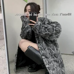 2022 novo coreano retro leopardo casaco feminino high street inverno de manga comprida moda selvagem meados de comprimento lã padrão jaqueta de couro