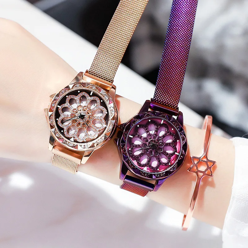 Pop Women 360 Degree Rotation Watches Plush Gold Diamond Magnet Starry Sky Ladies Watch Vogue Geometric Quartz Wrist Watch