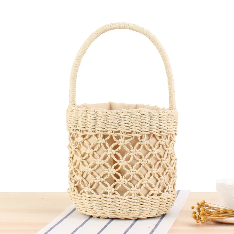 25x20CM Handbag Bucket Woven Bag Hand-carried Hollow Straw Bag Ins Summer Vacation Photo Beach Bag a7266