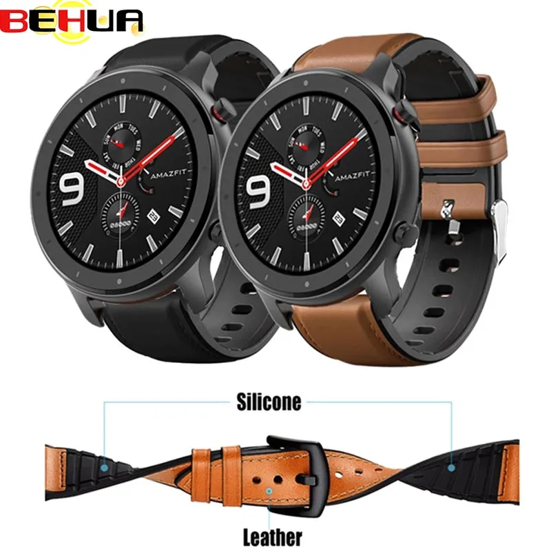 BEHUA Leather Silicone Bracelet Wrist Strap For Xiaomi Amazfit GTR 47mm Pace / Stratos 1 2 3 2S / GTR2 / GTR 2e WatchBand Correa