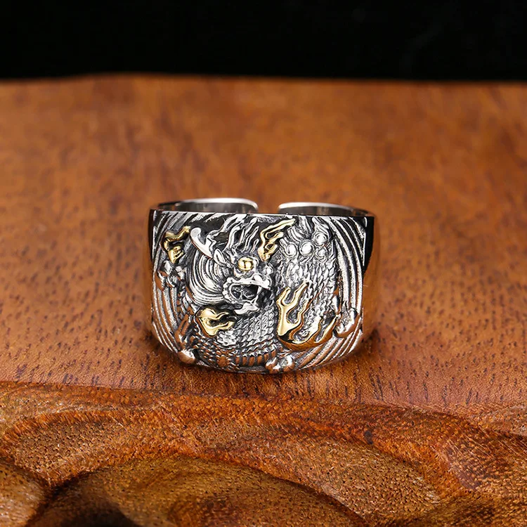 

Real S925 sterling silver jewelry, Thai silver domineering men's personality and atmosphere Tenglong open ring