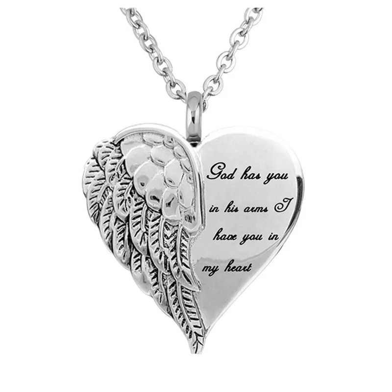 JJ001 Angel Wing Heart Cremation Jewelry For Ashes Urn Necklace - God Has you in his arms ,have you in my heart memorial pendant