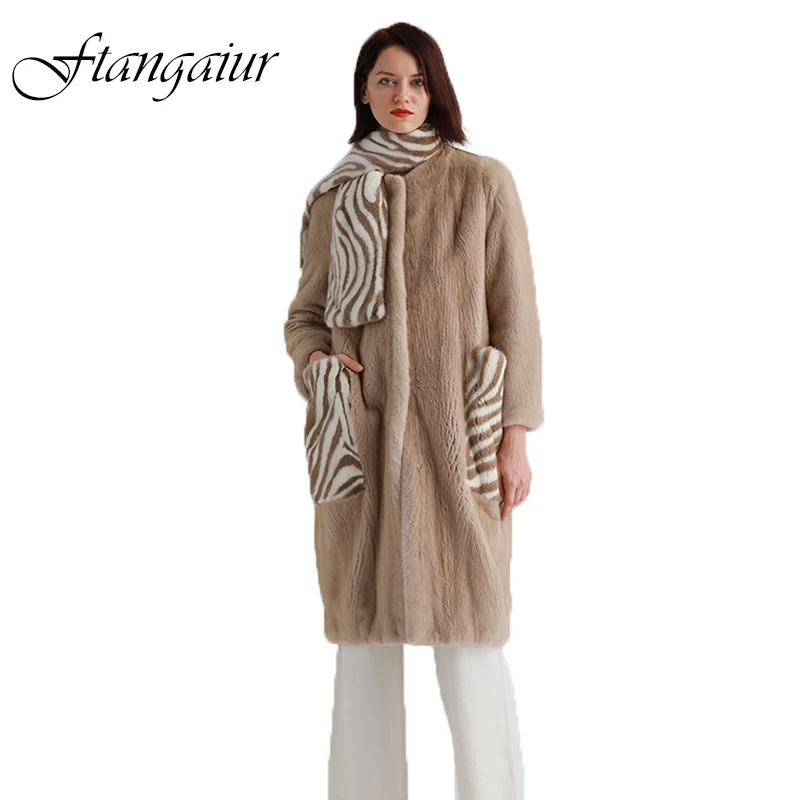 

Ftangaiur New Winter Import Velvet Mink Fur Coat Zebra Stripes With Scarf Mink Coat Women X-Long Natural Real Mink Fur Coats