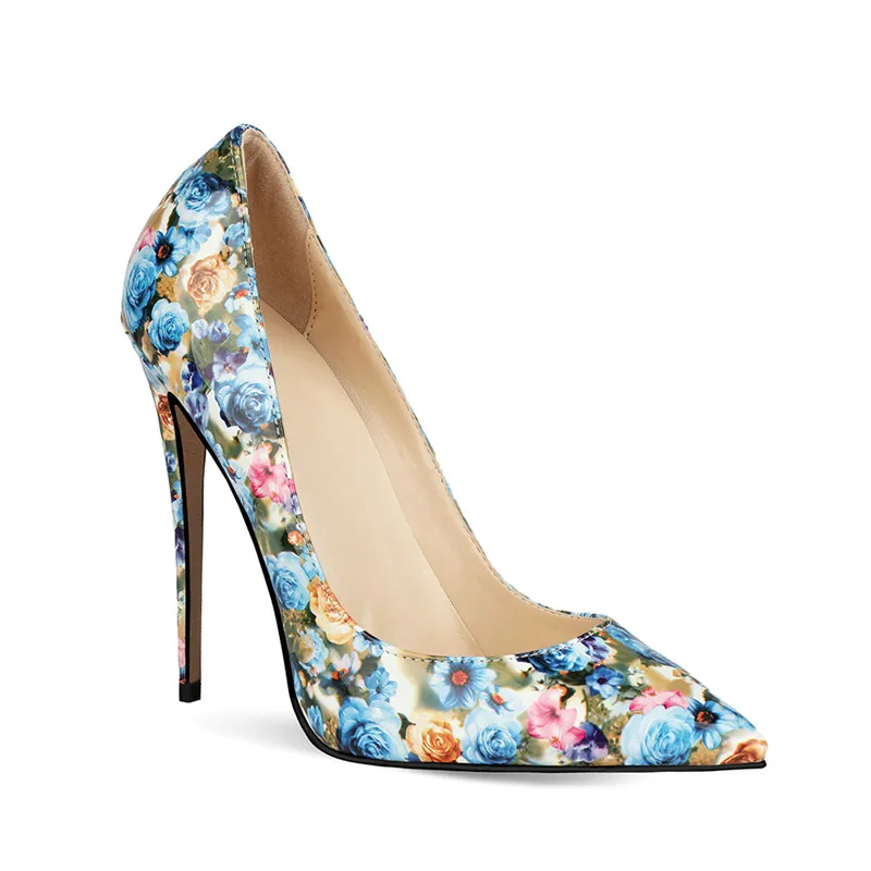 Printing Flower Women Pumps Shoes Patent Leather High Heels Shoes Sweet Shallow Shoes Woman Big Size Blue Floral Wedding Shoes