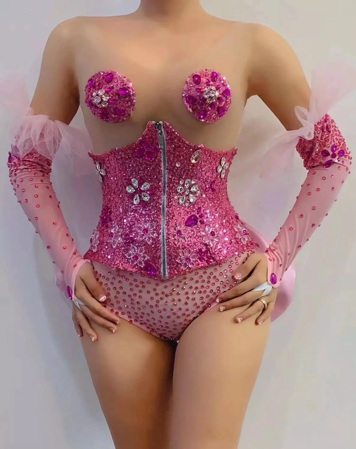 Sexy Pink Rhinestone Transparent Bodysuit Gloves Sequin Bow Belt Prom nightclub bar stage dance wear dj singer costume