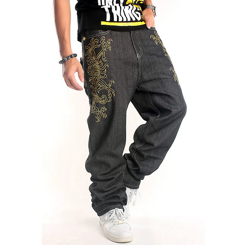 Spring Autumn New Trendy Hip-hop Jeans for Men Hip Hop Dance Casual Loose Skateboard Pants Golden Embroidered Trousers