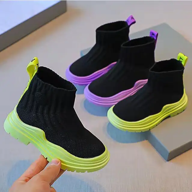 

Boy/Girls shoes socks shoes 2024 spring high-top boots breathable mesh flying knitting shoes children's sports all-match boots