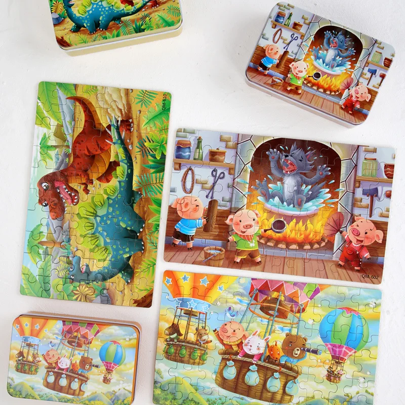 Neue 60 stücke Holz Puzzles Set für Kinder Im Alter Von 4-8 Die Muster von Dinosaurier/Cinderella/schnee Weiß mit Eisen Box Kleinkind Spielzeug