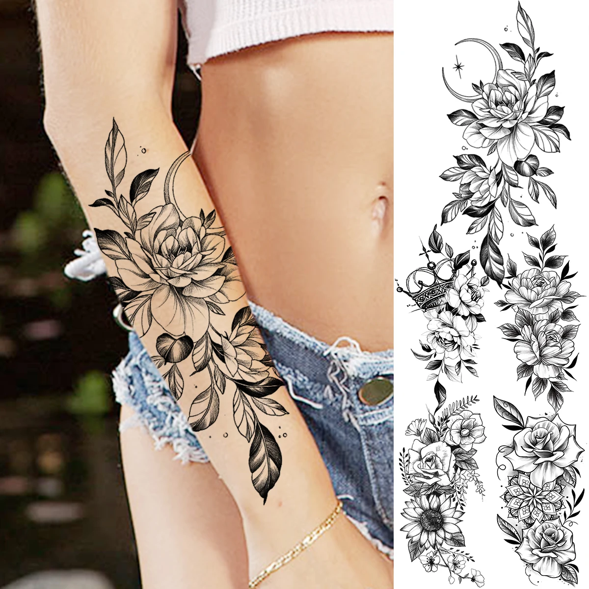 Tatuaggi temporanei realistici della luna del fiore della peonia per le  donne tatuaggi a mezza manica lavabili di modo del tatuaggio falso della  corona della margherita della rosa adulta / Tatuaggi e, image size:1200x1200
