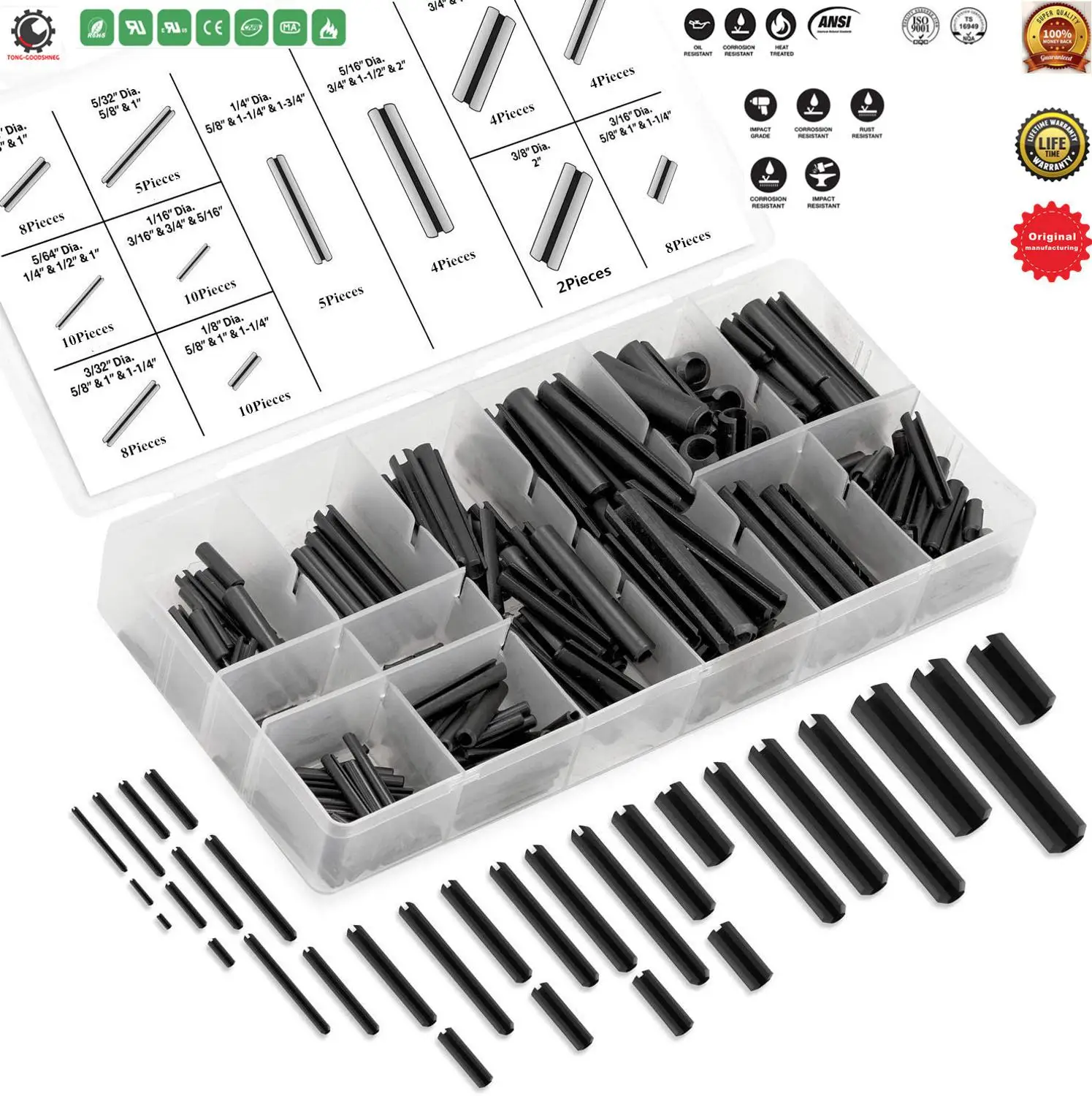 Roll Pin Assortment Set,Spring Steel,Dowel Pin Carbon Steel Split Spring Roll Shelf Support Pin Fasten Hardware,Hardware Pins