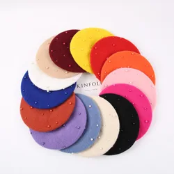 Fashion Wool Baby Hat with Pearls Candy Color Retro Baby Girl Cap Kids Beret Hats for Girls 1-3 Years 1PC