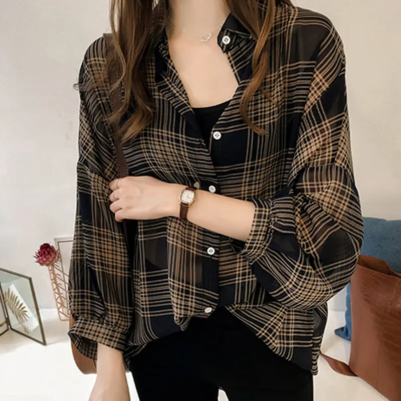 2024 Herfst Chique Geruite Shirts Vrouwen Batwing Mouw Chiffon Blouses Casual Chemise Femme Tops Tartan Blusas Mujer