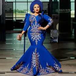 Robe Royal Blue Arabic Mermaid Evening Dresses Long Plus Size Satin Mother of the Bridal Dress 3/4 Sleeve 2021 Formal Party Gown