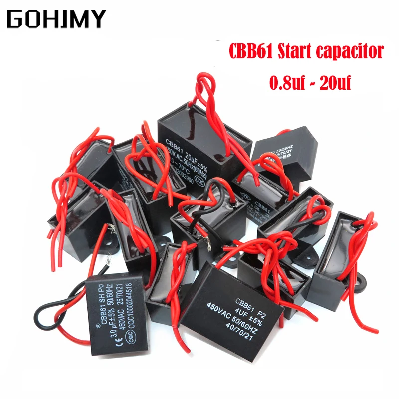 

CBB61 Start capacitor 450V 0.8/1/1.5/1.8/2/2.5/3/4/5/6/7/8/10/12/16/20UF CBB Fan Ceiling exhaust Motor Run Capacitor
