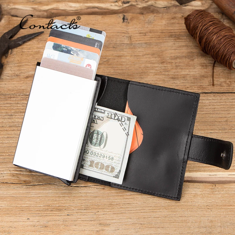 CONTACT'S Business Card Holder Genuine Leather Wallet Men Credit Card Case for Man Aluminium Box RFID Blocking Small Coin Purse