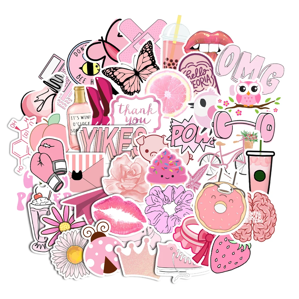 50PCS Cartoon Pink INS Style Vsco Girl Stickers For Laptop Moto Skateboard Luggage Refrigerator Notebook Laptop Toy Sticker