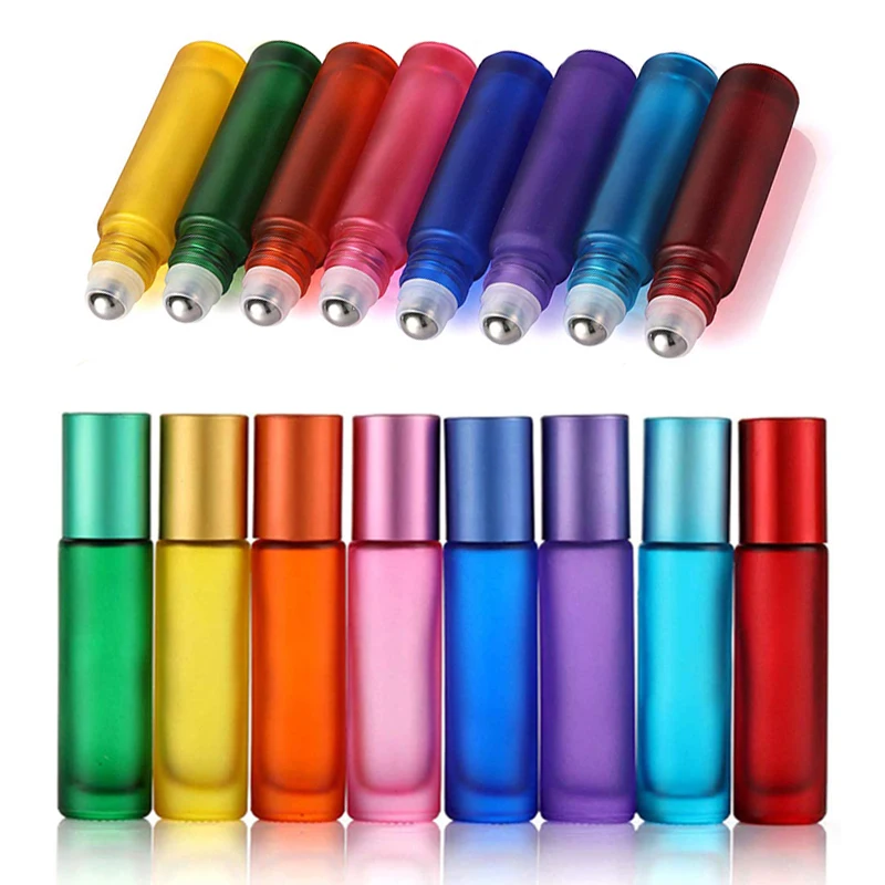 

50pcs 10ml Colorful Frosted Roll on Bottles Thick Glass Massage Roller Tube Vials For Essential Oils, Perfumes and Lip Balms