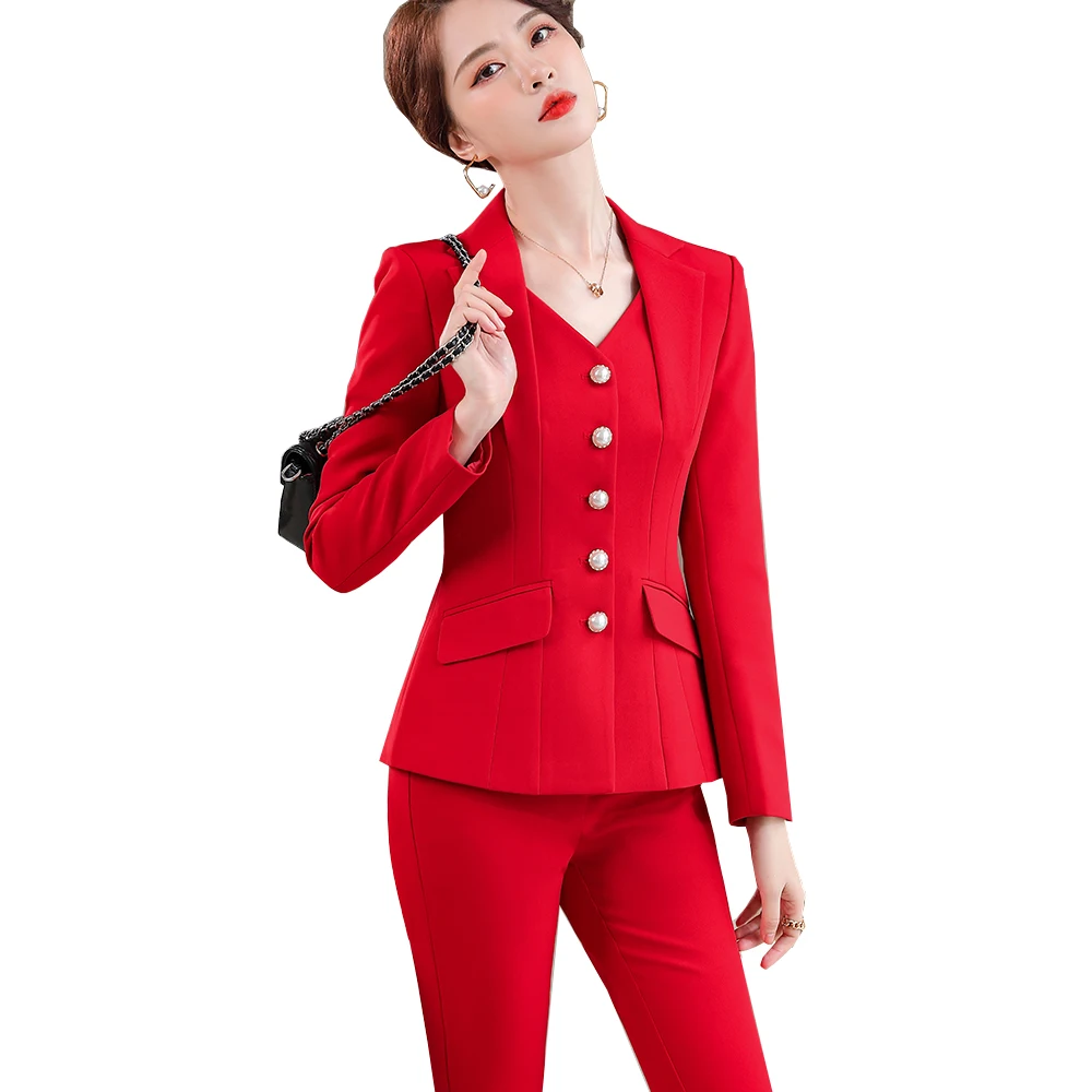 

Fashion Design White Red Black Ladies Blazer Jacket And Pant Suit Trousers Women Female Formal Office Work 2 Piece Set