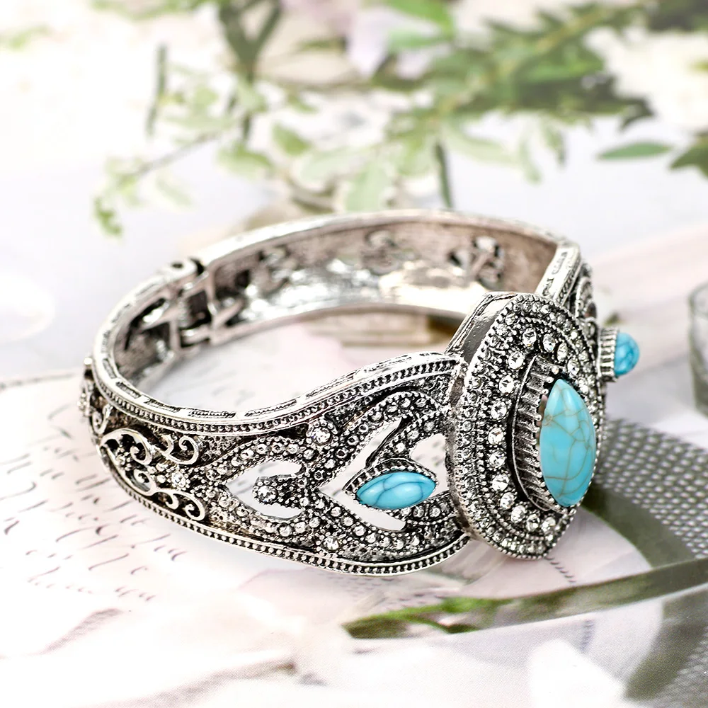 Sunspicems Vintage Natural Stone Cuff Bracelet Female Bangle Turkish Ethnic Wedding Jewelry Antique Silver Color Bohemia Bangle