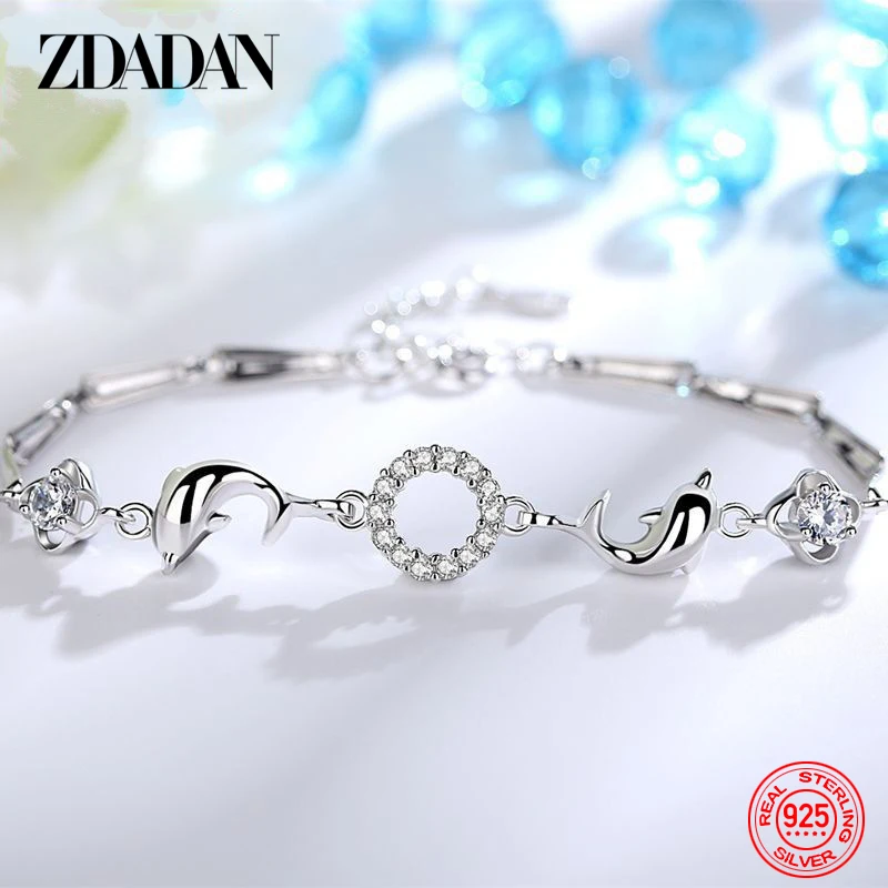 ZDADAN 925 Sterling Silver Dolphin Round CZ Bracelet Chain For Women Charm Party Jewelry Gift