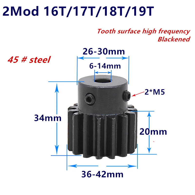 1 pz Pignone ingranaggio cilindrico Mod 2 M = 2 16T 17T 18T 19T R Denti 45 #   ingranaggio positivo in acciaio Ingranaggi del motore di trasmissione della cremagliera CNC 16 denti