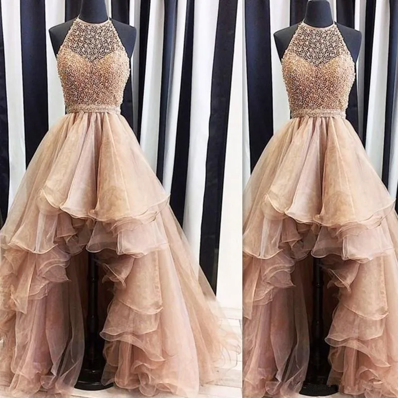 Vestido de baixo ouro 2019, foto real, casamentos, halter, contas, inchado, formal, festa especial, vestido de baile, feito sob encomenda