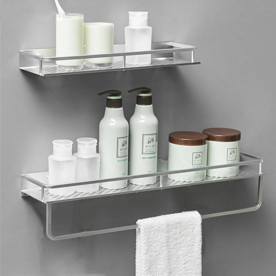 Silver Aluminum Bathroom Kitchen Storage Rack Toilet Cosmetics Shelf Bath Hardware Pendant Organizer with Towel Bars