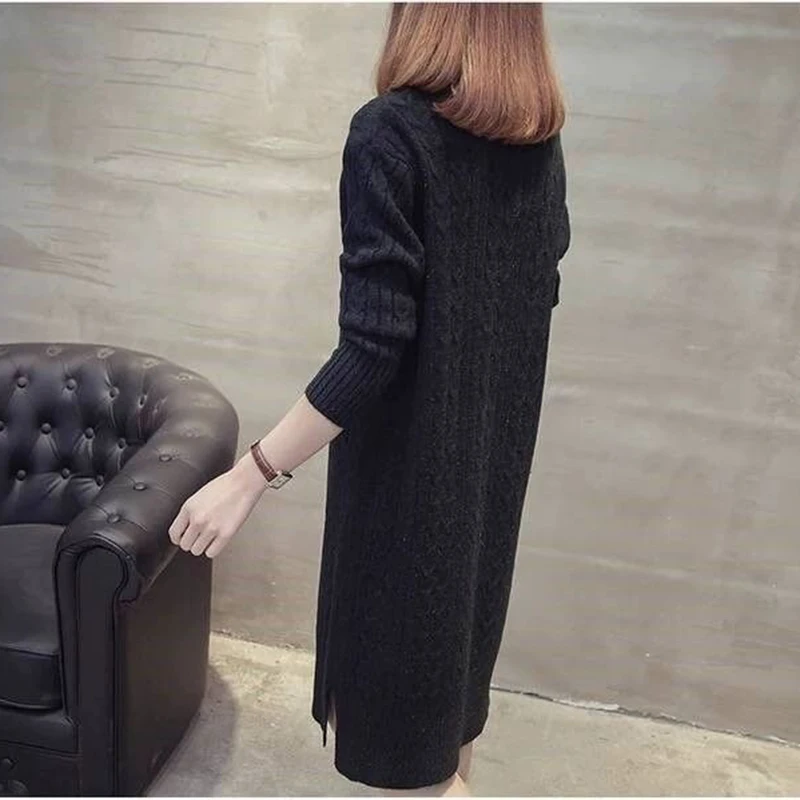 Mid-Length Knit Sweater Dress Women Winter 2022 Korean Streetwear Twist Base Dresses Half High Neck Elasticity Warm Dress Female