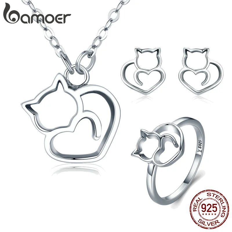 

BAMOER Hot Sale 925 Sterling Silver Fashion Cute Cat Animal Earrings Rings Women Jewelry Sets Wedding Silver Jewelry ZHS093